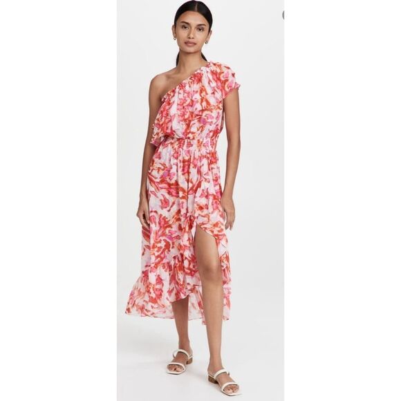 MISA Rumi pink and red Maldive marble print one-shoulder ruffled midi dress NWT - Picture 1 of 16